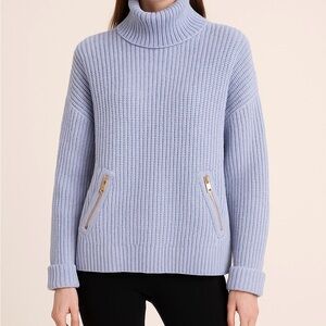 Elena‎ Wang Women’s Sweater XL Blue Ribbed Turtleneck Gold Zip Pockets Pullover